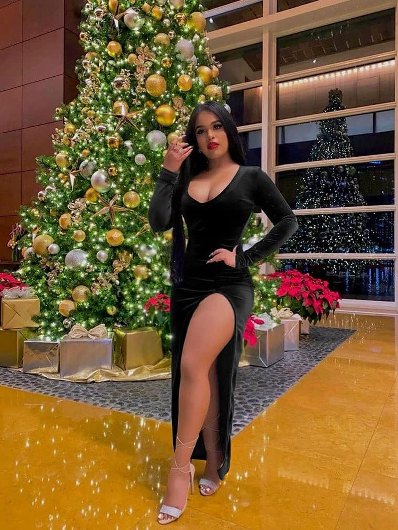 Women'S Sexy Bodycon Long Sleeve Deep V Neck High Slit Cocktail Party Maxi Dresses Black