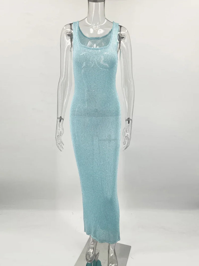 Sequin Slim Scoop Neck Maxi Dress Female Backless Glitter See-Through Sexy Patchwork Autumn Dress Women'S Long Dress 2024