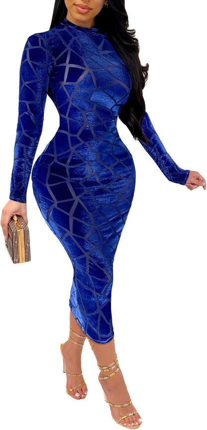 Women Sexy Sheer Mesh Boydcon Midi Dress See through Printed Long Sleeve Midi Skinny Clubwear Party Dress