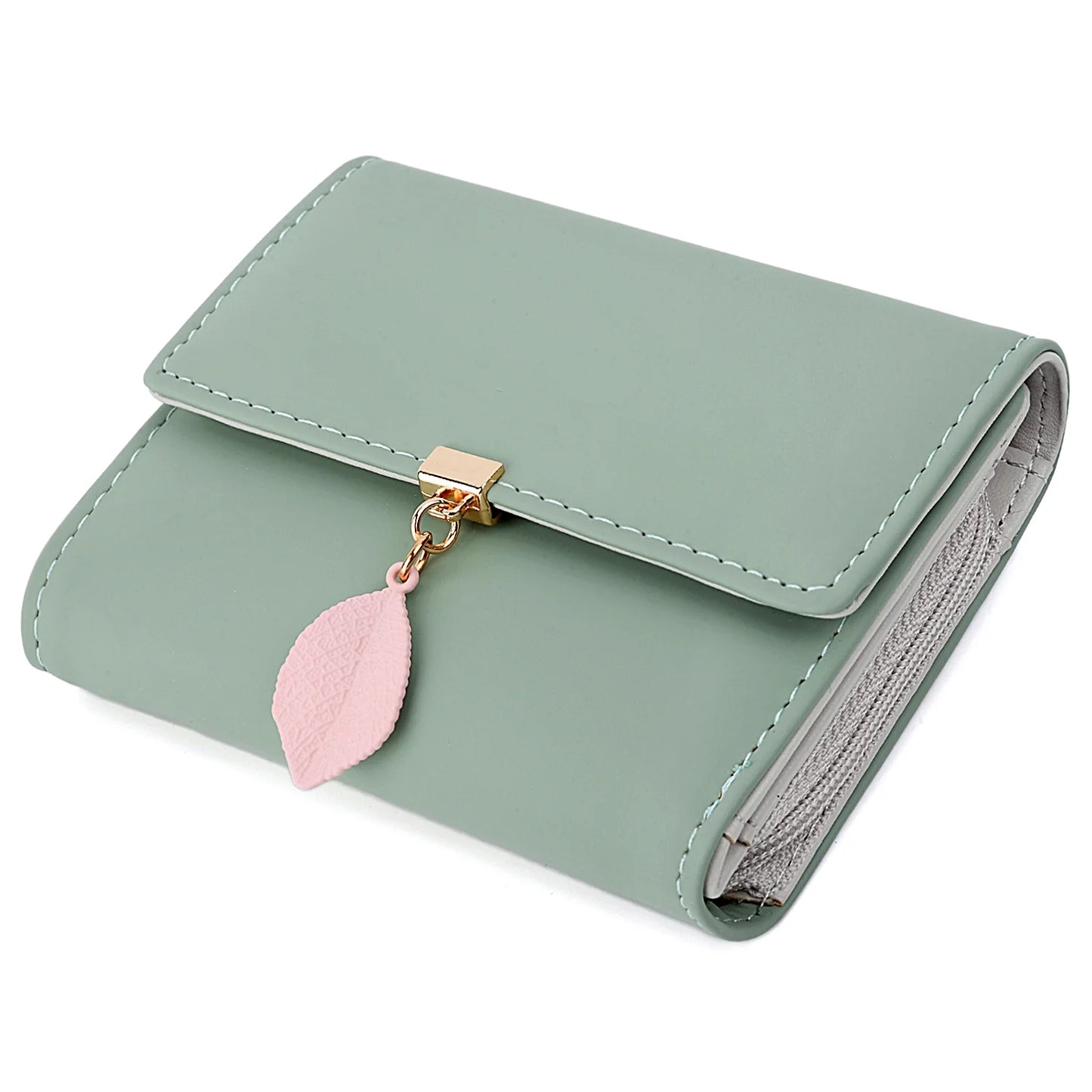 Womens Wallet PU Leather RFID Blocking Card Holder Elegant Zipper Coin Purse Leaf Pendant(Grey)