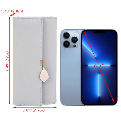 Womens Wallet PU Leather RFID Blocking Card Holder Elegant Zipper Coin Purse Leaf Pendant(Grey)