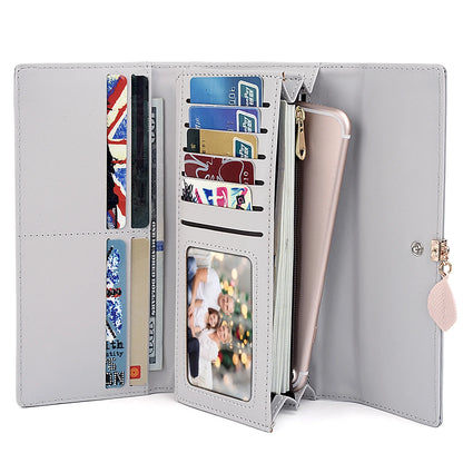 Womens Wallet PU Leather RFID Blocking Card Holder Elegant Zipper Coin Purse Leaf Pendant(Grey)