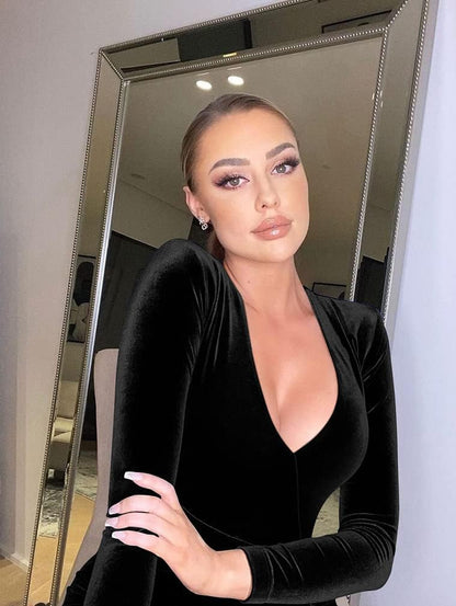 Women'S Sexy Bodycon Long Sleeve Deep V Neck High Slit Cocktail Party Maxi Dresses Black