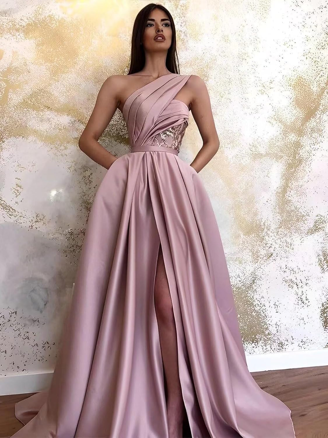 One Shoulder Satin Prom Dresses Long Ball Gown 2023 with Pocket Long A-Line Slit Formal Evening Gowns for Women