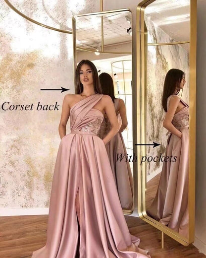 One Shoulder Satin Prom Dresses Long Ball Gown 2023 with Pocket Long A-Line Slit Formal Evening Gowns for Women