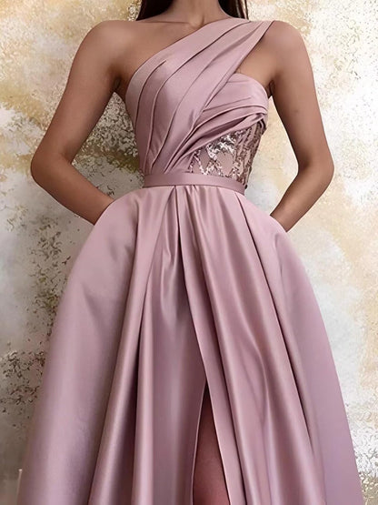 One Shoulder Satin Prom Dresses Long Ball Gown 2023 with Pocket Long A-Line Slit Formal Evening Gowns for Women