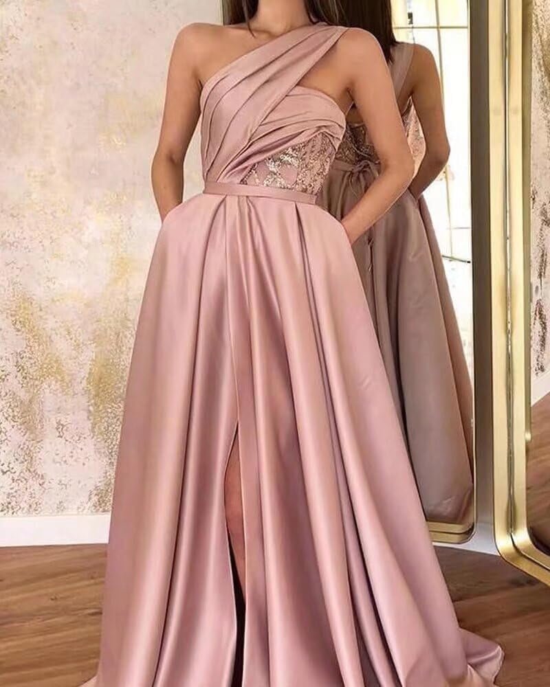 One Shoulder Satin Prom Dresses Long Ball Gown 2023 with Pocket Long A-Line Slit Formal Evening Gowns for Women
