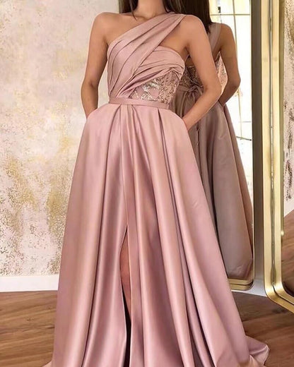 One Shoulder Satin Prom Dresses Long Ball Gown 2023 with Pocket Long A-Line Slit Formal Evening Gowns for Women