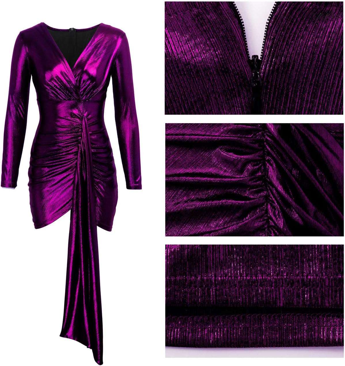 Women'S Sexy Dress Deep V Neck Long Sleeve Ruched Sparkly Bodycon Club Mini Dresses