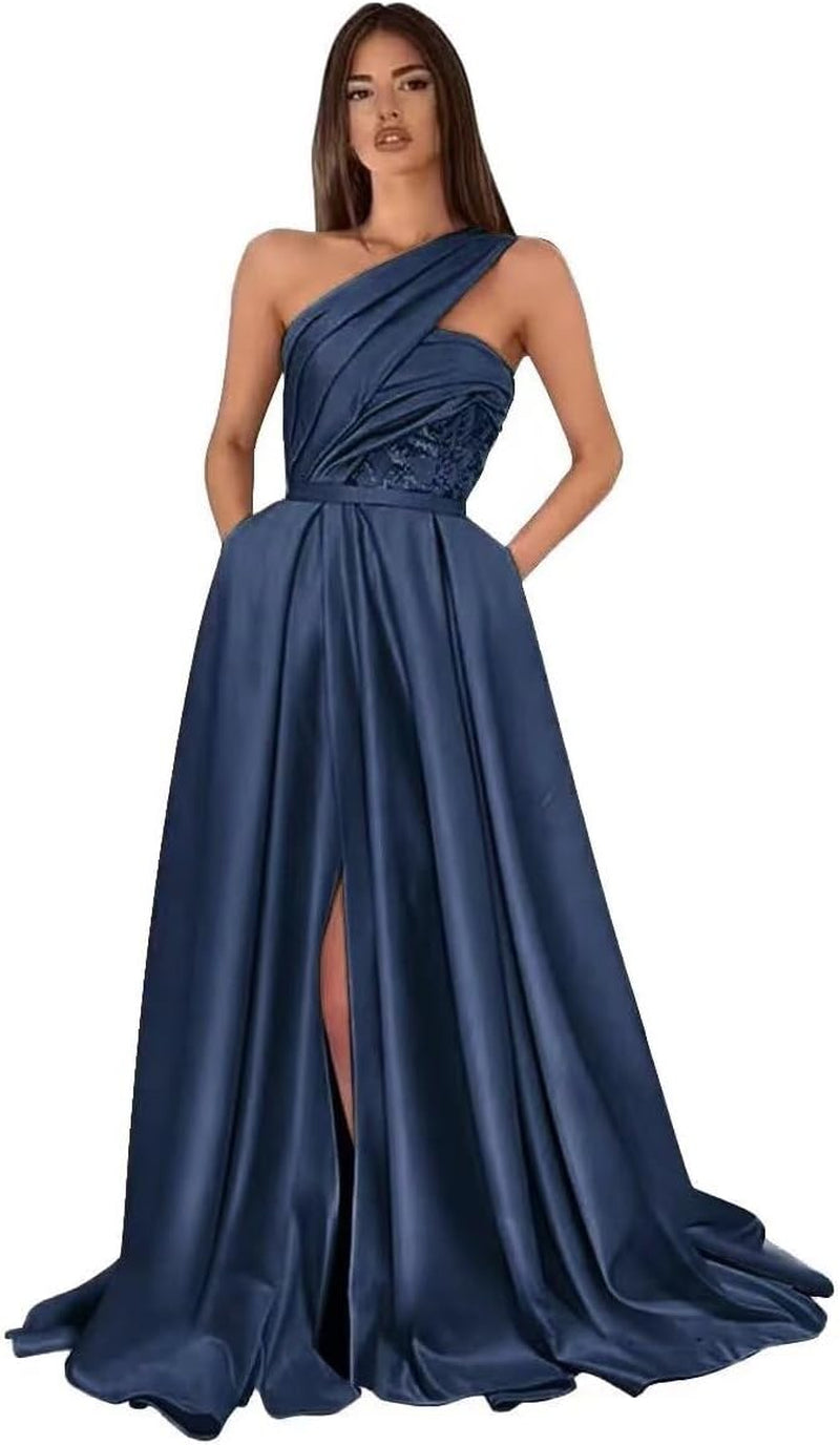 One Shoulder Satin Prom Dresses Long Ball Gown 2023 with Pocket Long A-Line Slit Formal Evening Gowns for Women