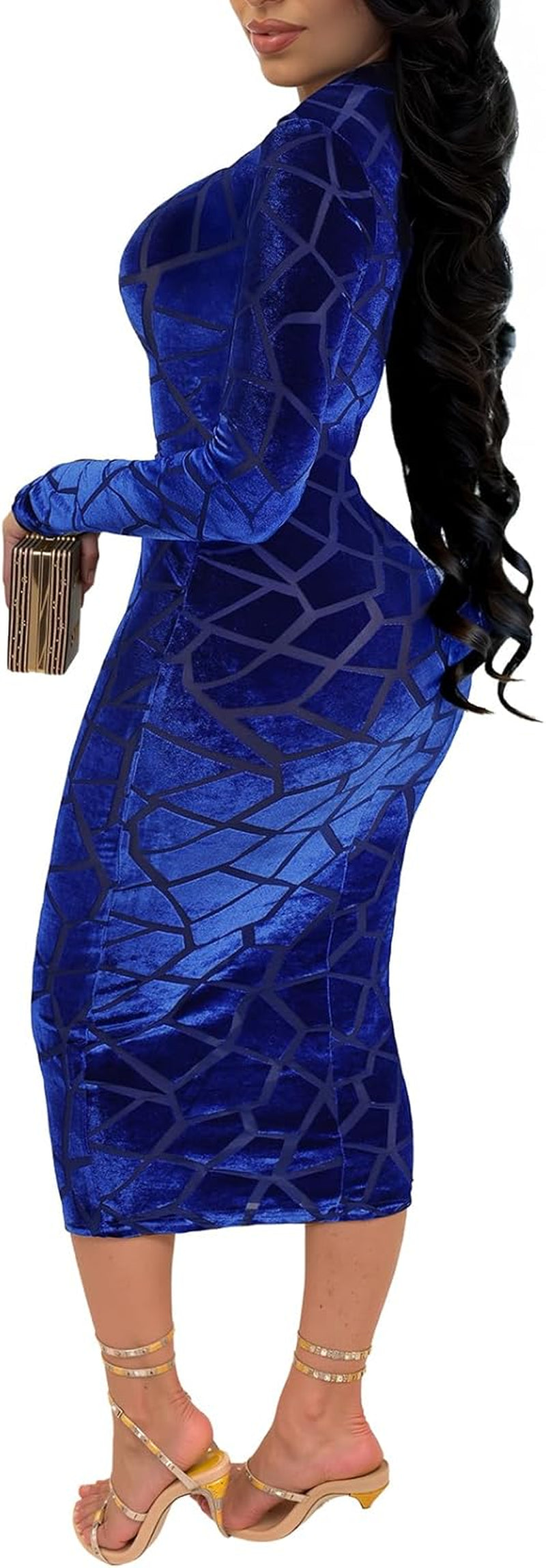 Women Sexy Sheer Mesh Boydcon Midi Dress See through Printed Long Sleeve Midi Skinny Clubwear Party Dress
